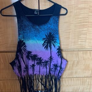 Beachy Palm Tree Cut Fringe Sleeveless Shirt